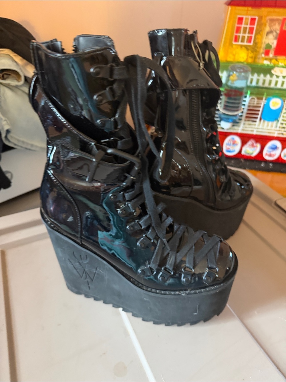Platform Lace-Up Patent Combat Boots - Black